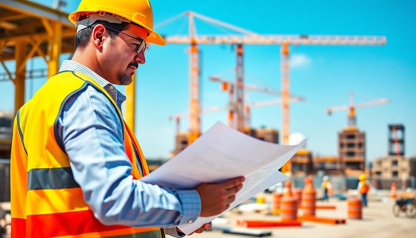 New Jersey Construction Manager leading a construction site with blueprints, symbolizing leadership.