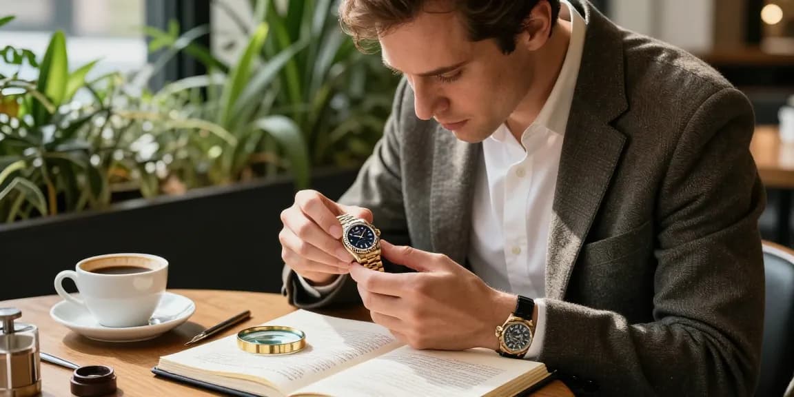 Luxury watch enthusiast examining a Rolex replica at a sunlit café, showcasing craftsmanship details.