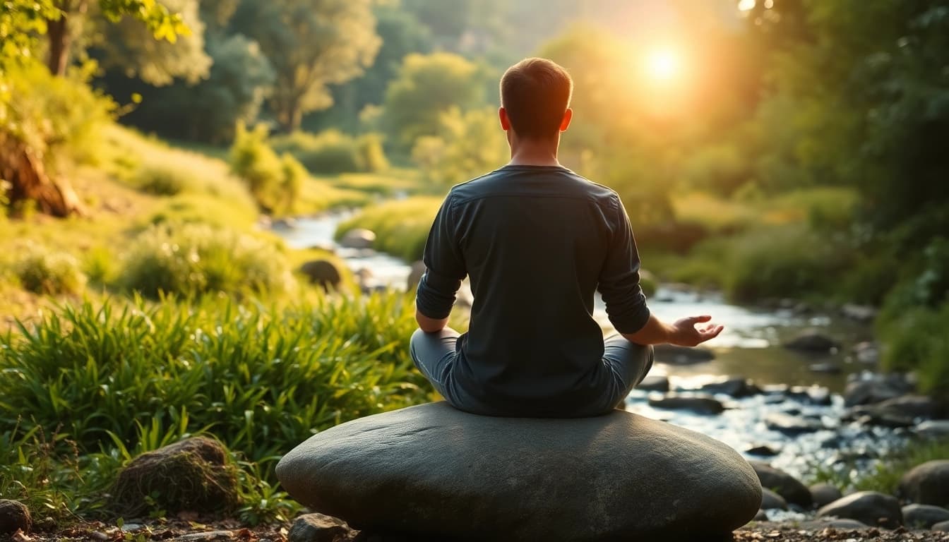 Meditating individual fostering mental wellness amidst a lush green nature setting.