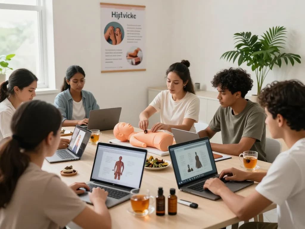 Online hijama training with students learning cupping techniques in a virtual classroom setting