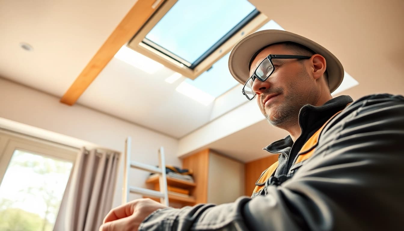 Velux repairs by a skilled technician in a modern home showcasing professional skylight work.