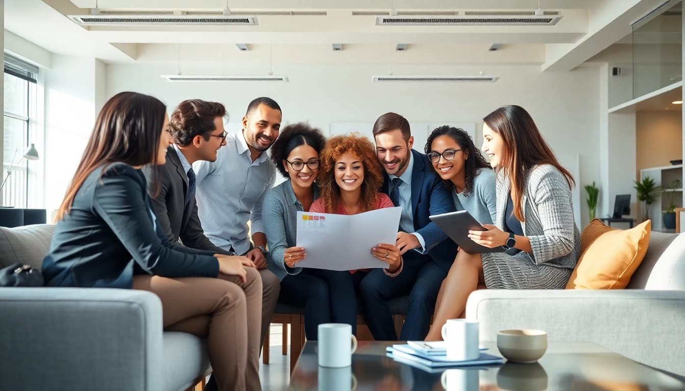 Engaged team collaborating across the UK, showcasing diversity and innovation in a modern office environment.