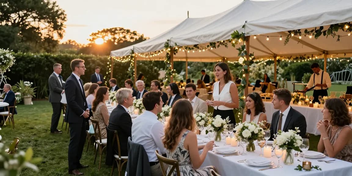 Stunning marquee hire London setup for a wedding, featuring elegantly set tables, guests, and beautiful lighting.