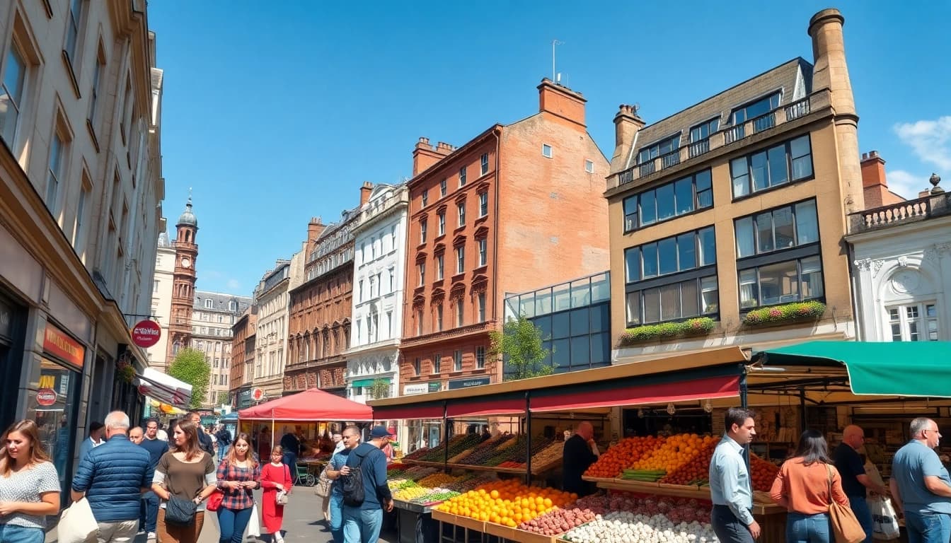 Engaging community life across the UK in a lively market setting with diverse people and landscapes.