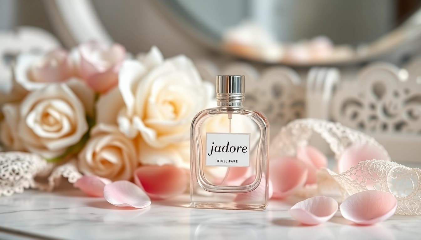 Admire the sophisticated Jadore perfume bottle among soft petals and lace, showcasing elegance.