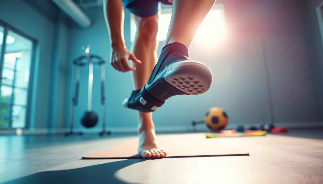 Ankle brace to prevent dorsiflexion supporting fitness exercise, enhancing ankle mobility and stability.