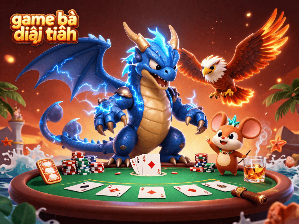 Try your luck with game bài đổi thưởng, featuring vibrant characters and poker elements in an exciting casino scene.