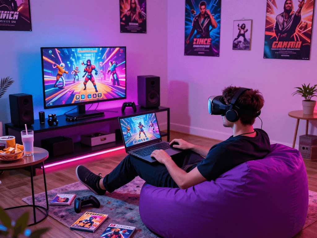 Experience engaging AI porn games in a vibrant gaming setup with interactive visuals.