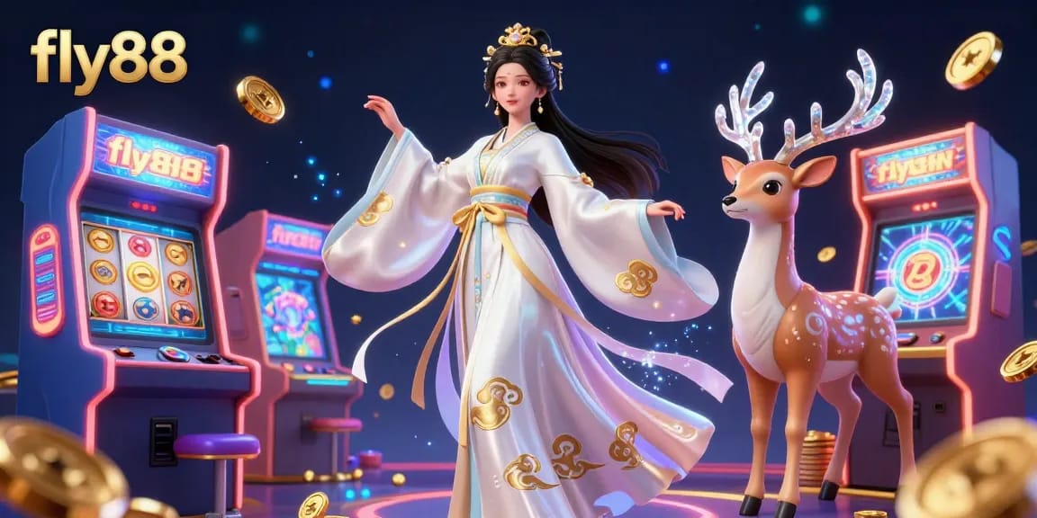 Engage with fly88 through vibrant and colorful casino gameplay, enticing players with 3D illustration of slot machines.