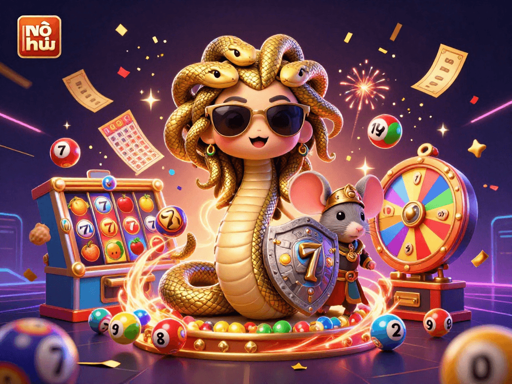 Experience the dynamic excitement of nổ hũ with lively slot elements and characters in a colorful casino scene.