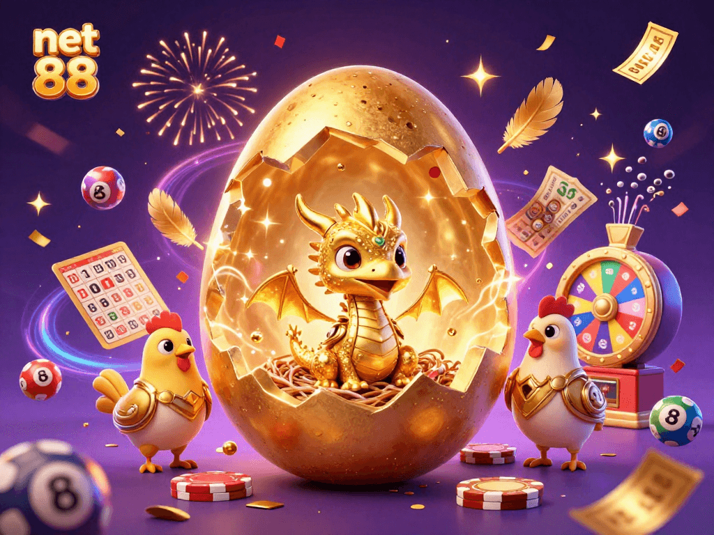 Experience excitement with net 88 as a golden dragon emerges from poker chips amidst a vibrant casino scene.