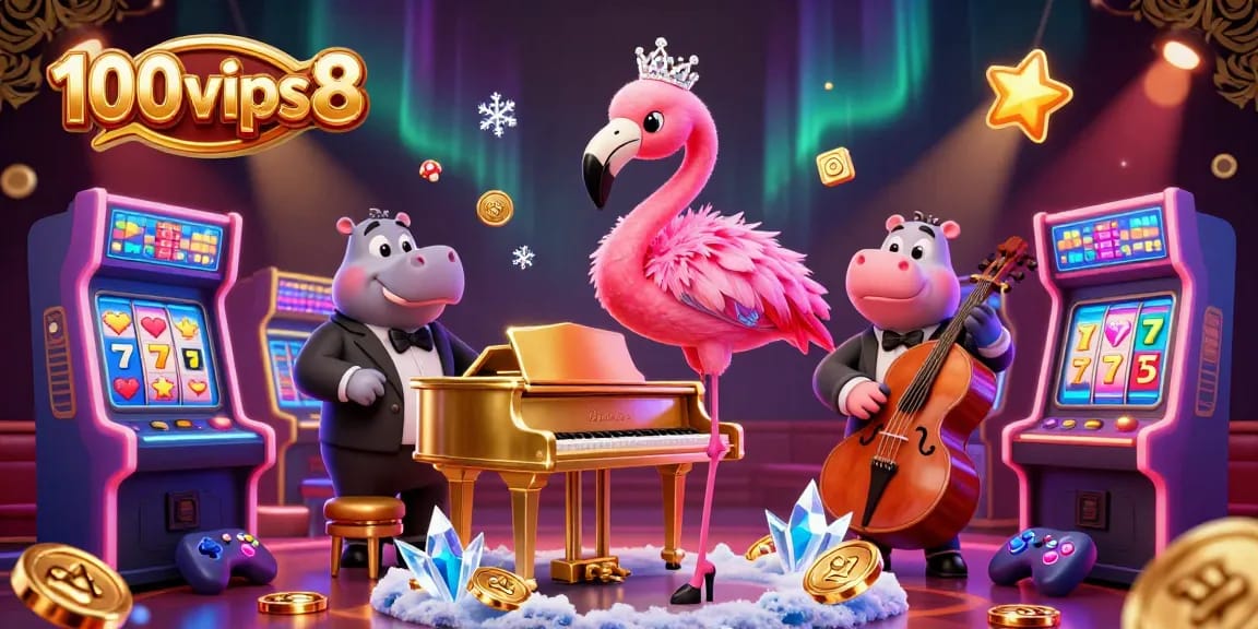 Experience the vibrant casino atmosphere at 100vips8 with a talented flamingo singer and hippo bassist.