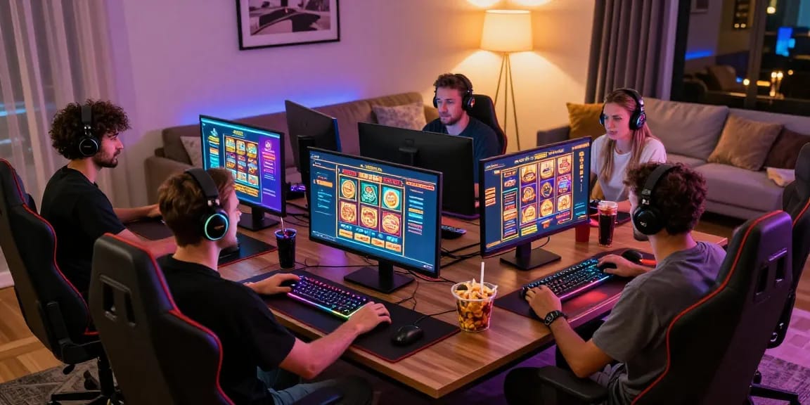 Exciting non UK casinos for UK players gaming scene with diverse players, vibrant atmosphere, and modern setups.