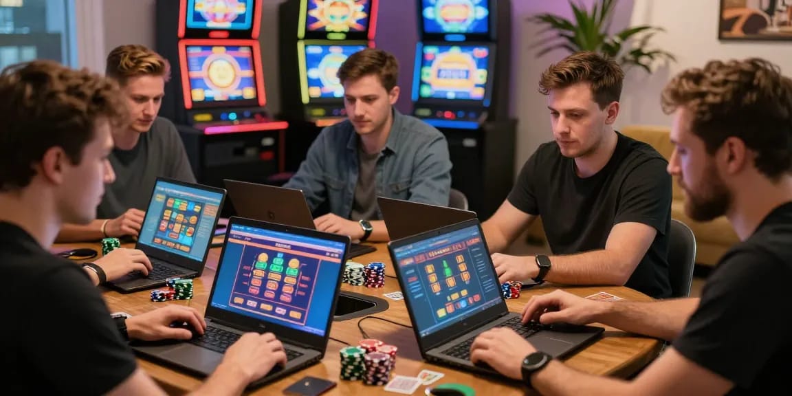 British players exploring non ukgc casinos on laptops and tablets in a lively home setting.