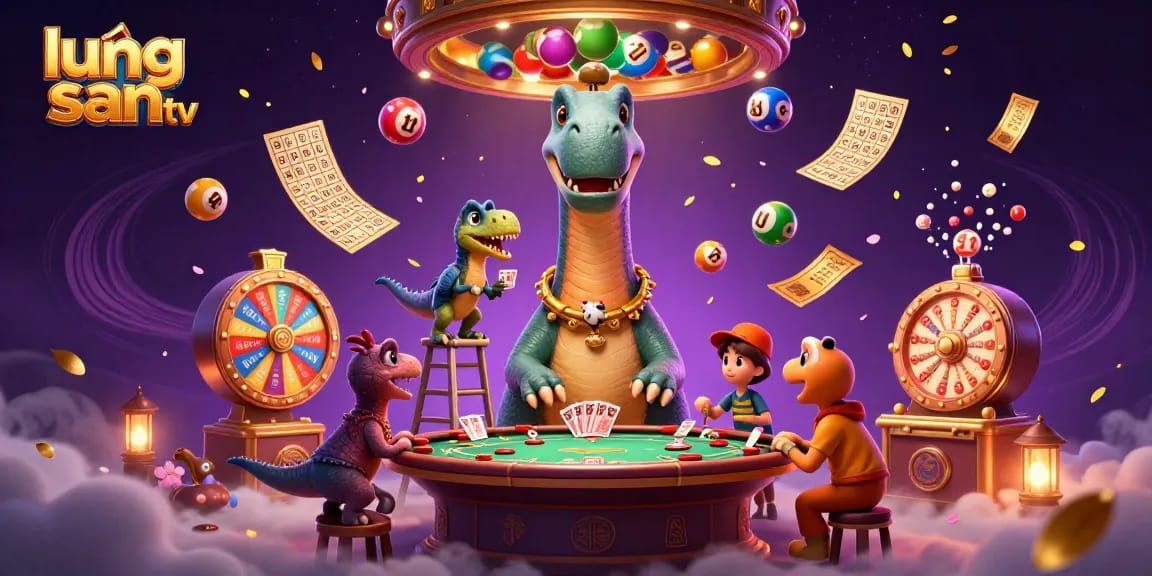 Experience thrilling gaming at lương sơn tv, featuring a whimsical dinosaur in a vibrant casino scene with dynamic lottery elements.