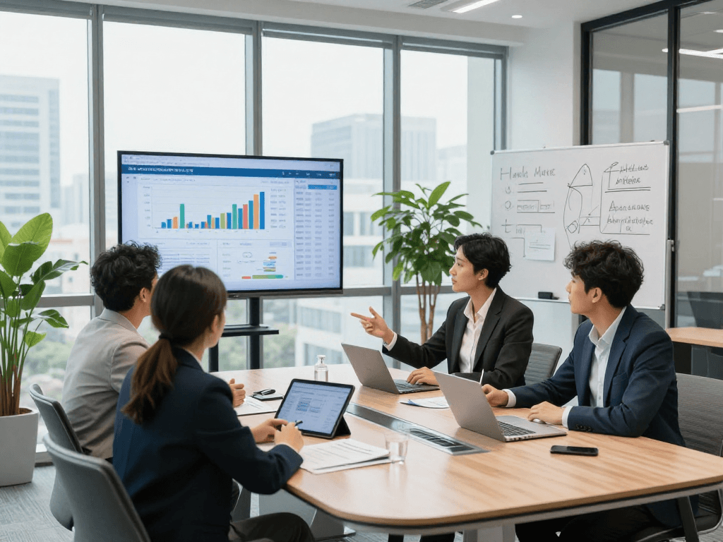 Business owners collaborating in a modern office, discussing strategies and data.