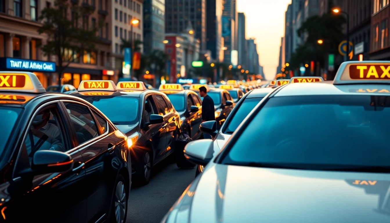 Dynamic scene of cabs assisting passengers in a vibrant urban setting.