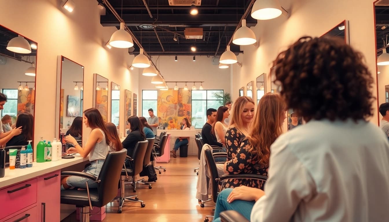 Engaging interior of recommended hair salons with stylists and clients in a vibrant setting.