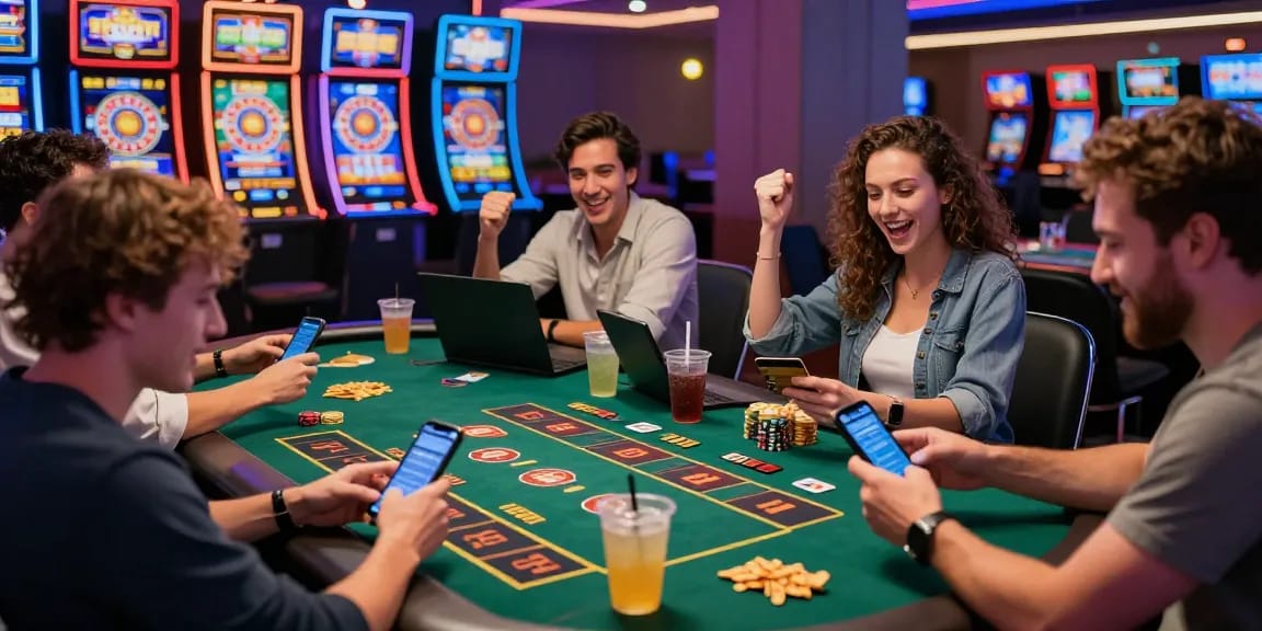 Engaged players at casinos that accept credit cards enjoying live dealer games and colorful slot machines in an exciting casino atmosphere.