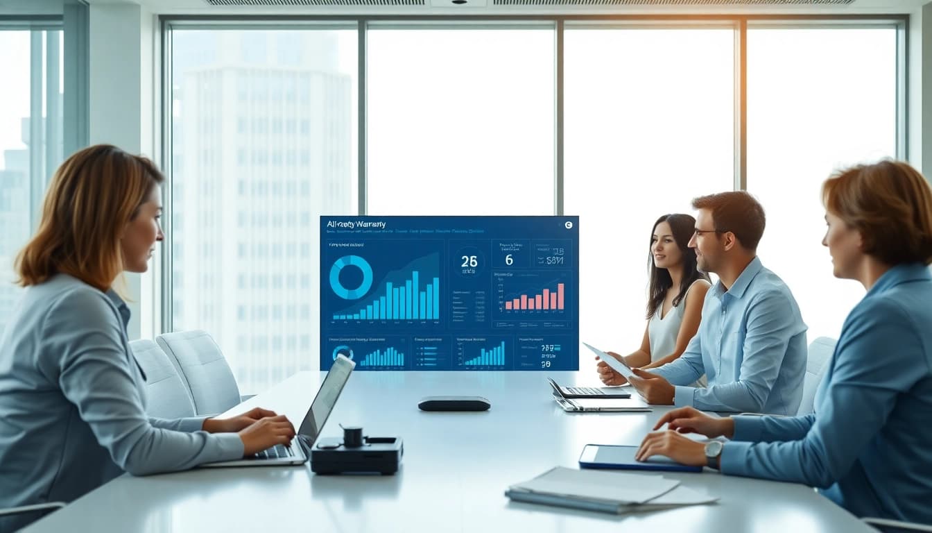 Understanding how does an AI powered warranty company work through professionals discussing AI dashboards.