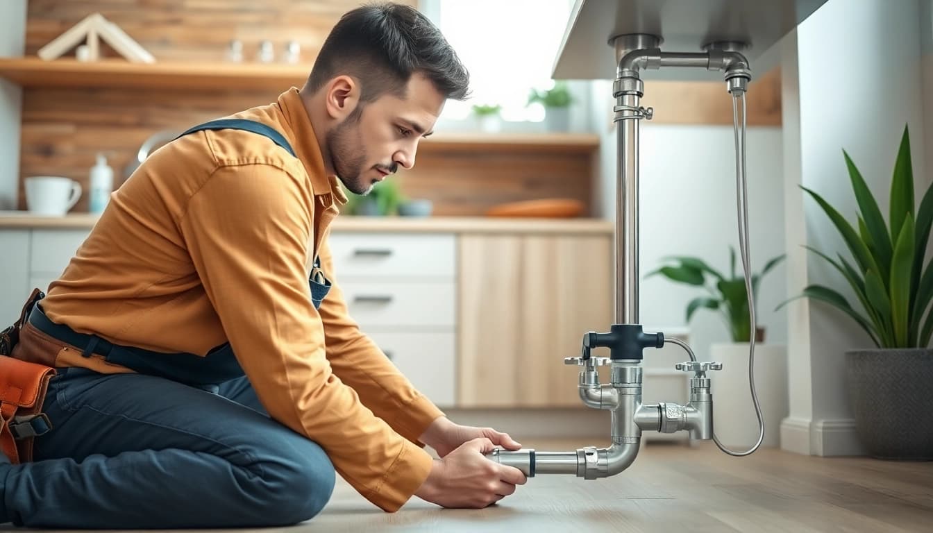 Expert plumber near me repairing home plumbing fixtures in a modern kitchen.