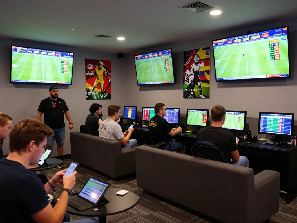 Engaged bettors analyzing ty le keo odds on smartphones during a live sports event.