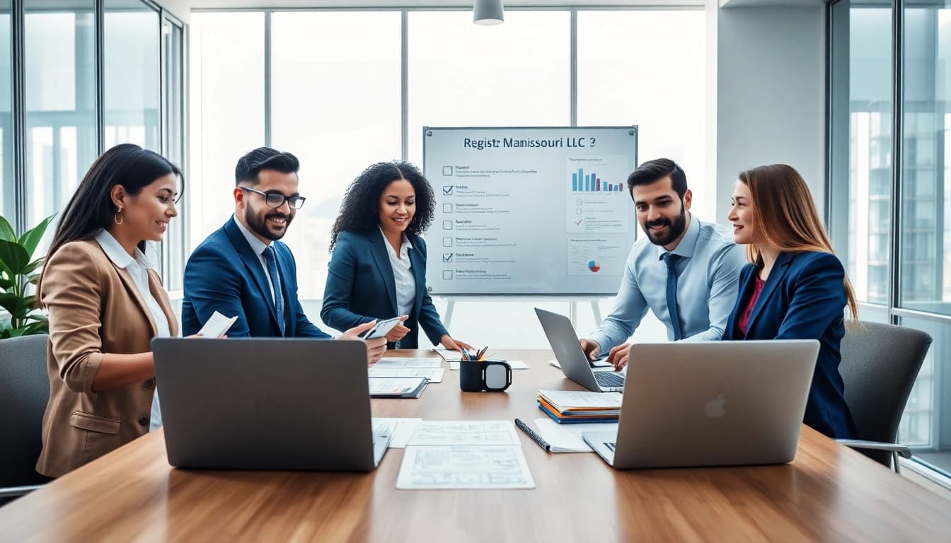 Register Missouri LLC collaboration in a modern business office with diverse professionals.