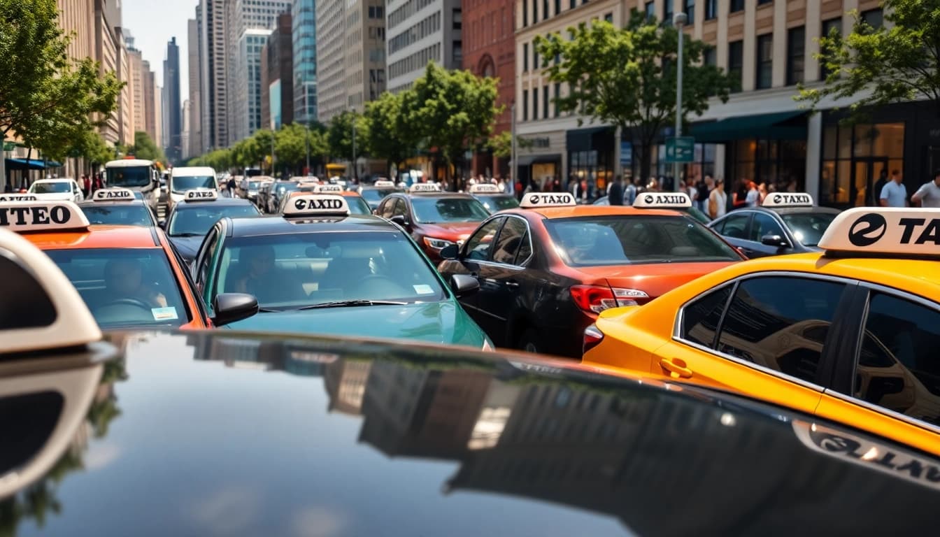 Catch a glimpse of vibrant cabs parked on a bustling city street, showcasing urban life.