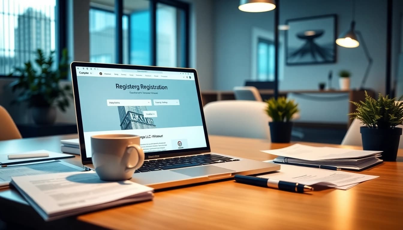 Register Missouri LLC on a laptop in a modern office setting with organized paperwork.