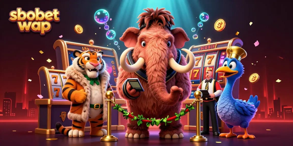 Experience sbobet wap's thrilling environment with unique characters at the casino entrance.