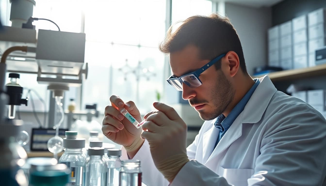 Analyzing Peptides UK samples in a modern lab with a biochemist at work.