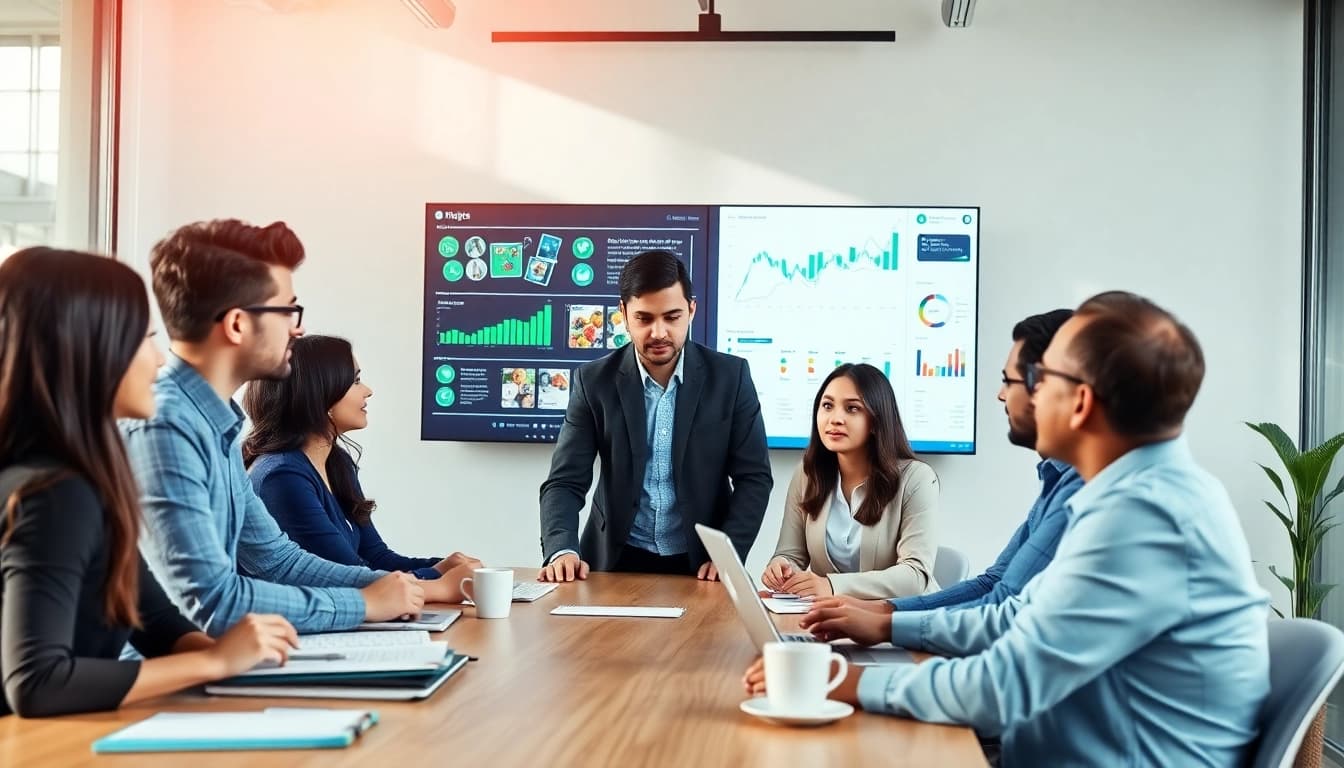 Engaging professionals plan effective social media ads in a vibrant, modern office space.