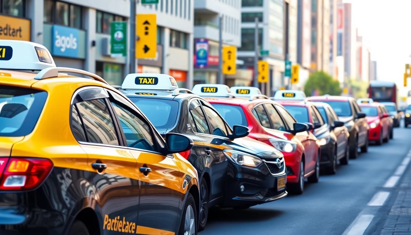 Catch vibrant cabs in action on a busy city street, showcasing urban transportation services.