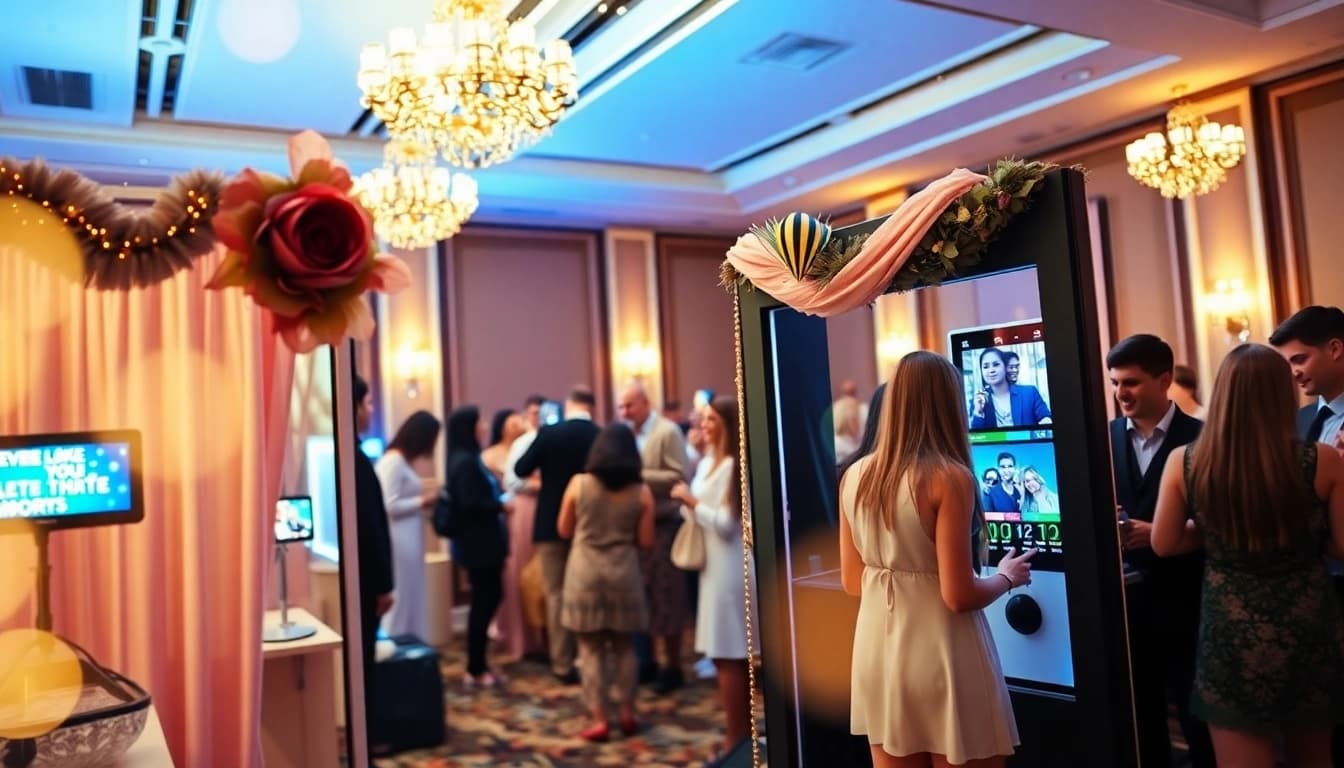 Enjoying a photo booth rental chicago experience with vibrant decorations and fun props at an event.