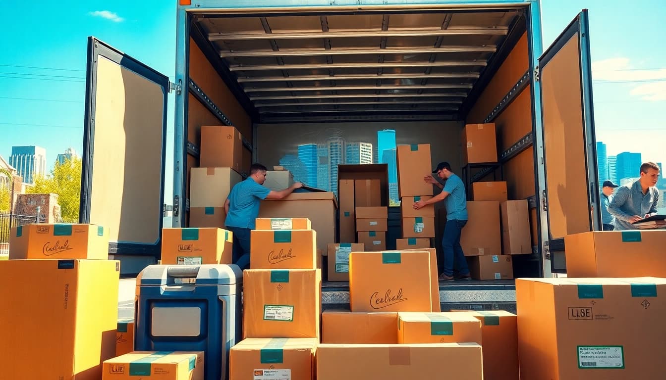 Action-packed scene of moving companies calgary employees organizing furniture in a truck.