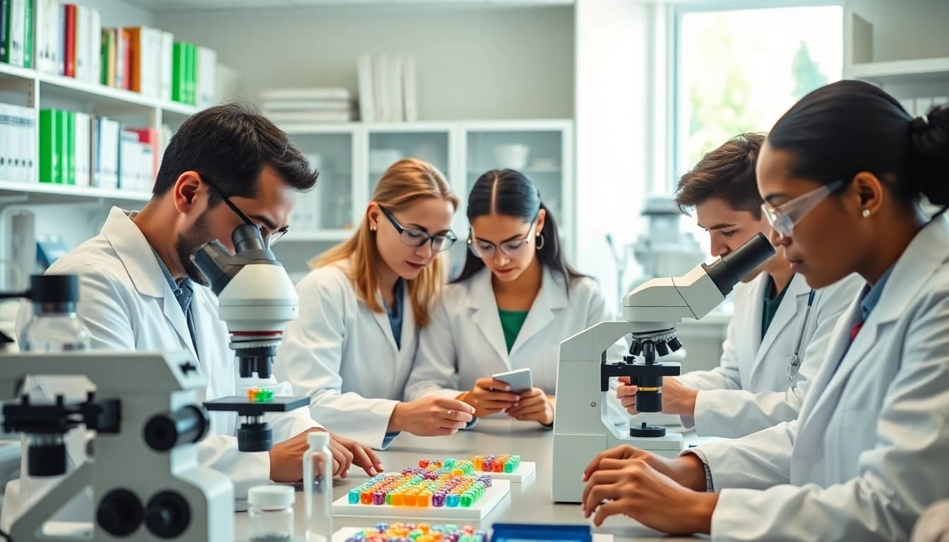 Research scientists analyzing Peptides UK samples in a vibrant laboratory setting.
