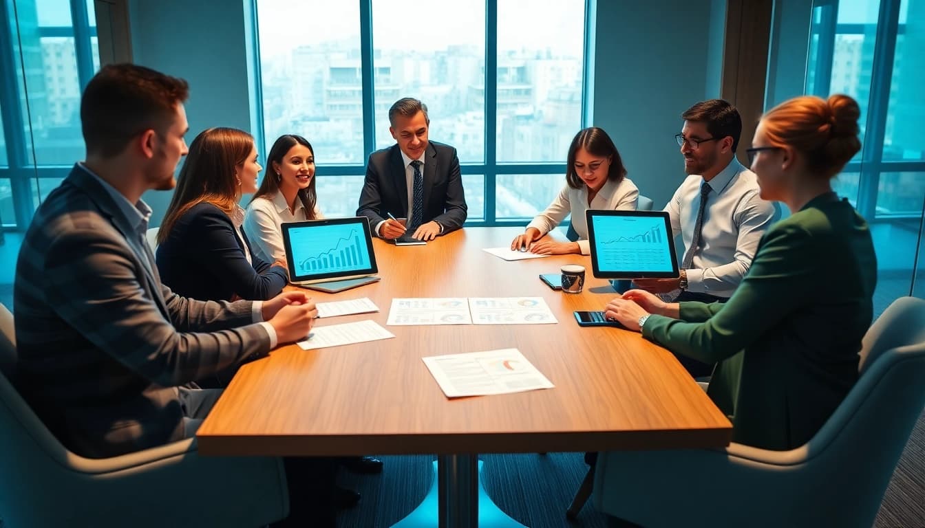 Engaging professionals collaborating on pre-post award compliance in a modern office.