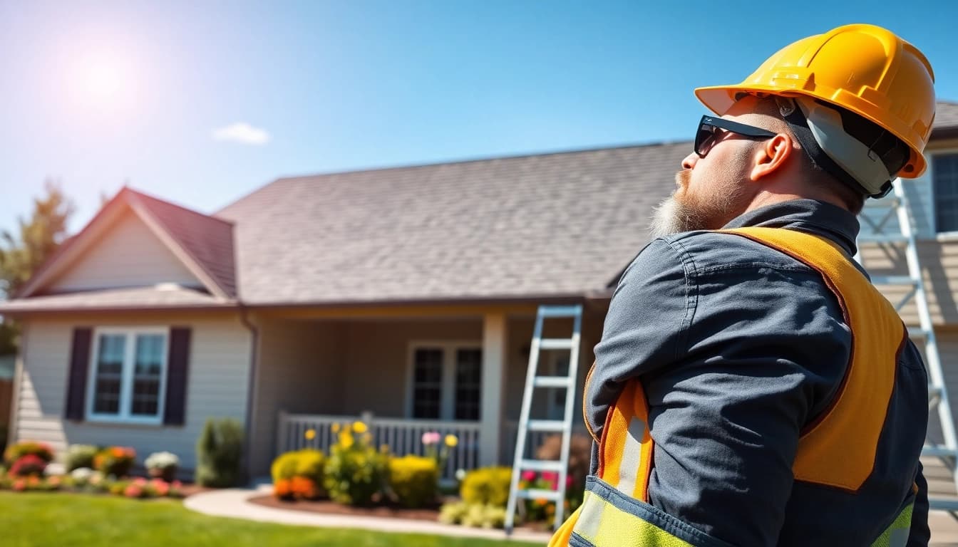Roofing company contractor examining new shingles on a residential roof.