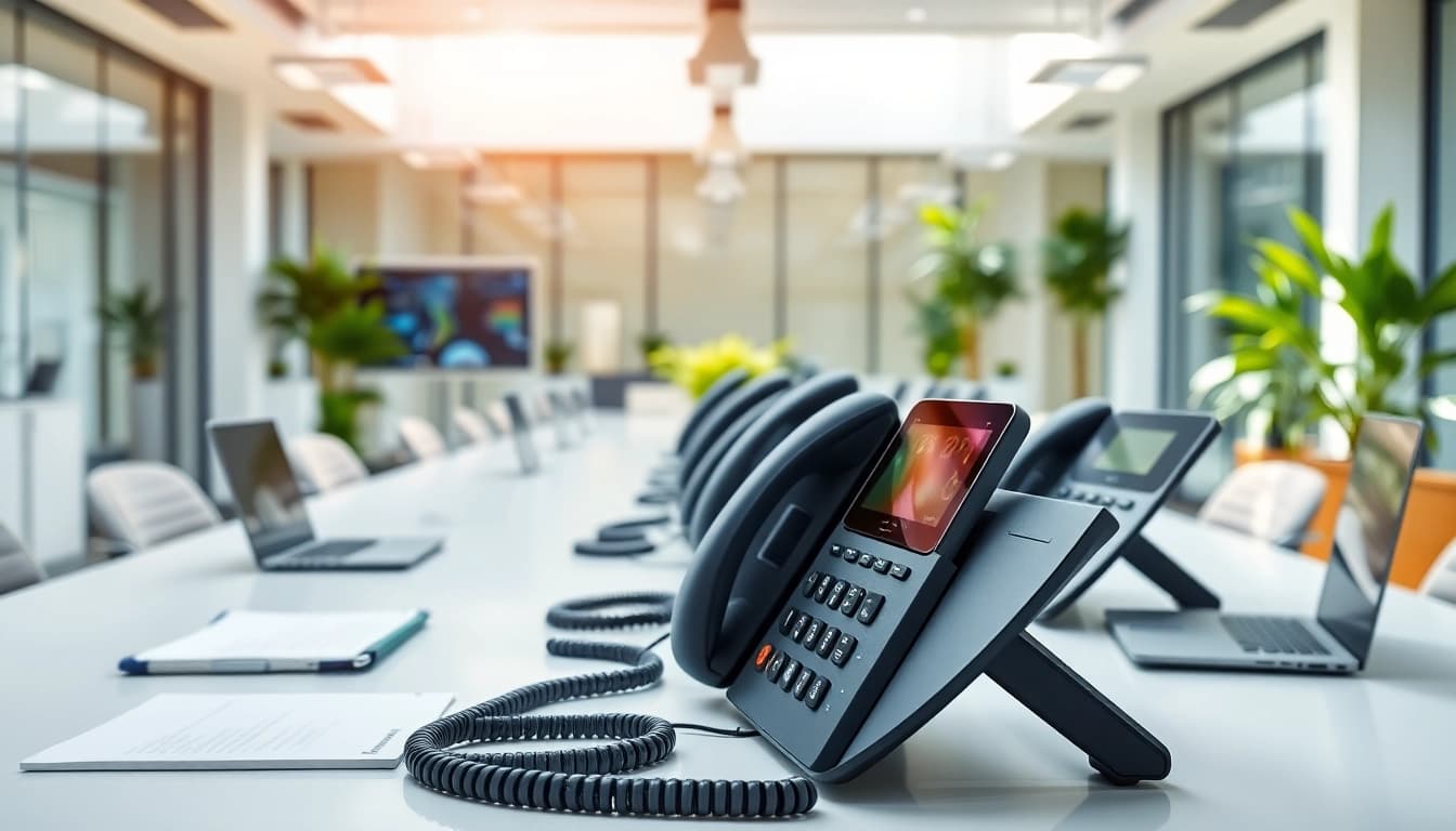 Explore office phone systems in a modern workspace showcasing sleek features.