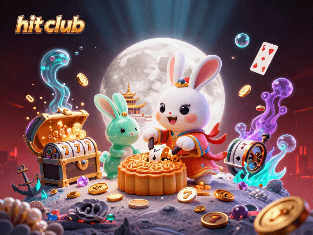 Experience thrill at hit club with a cartoon moon rabbit and vibrant casino elements!