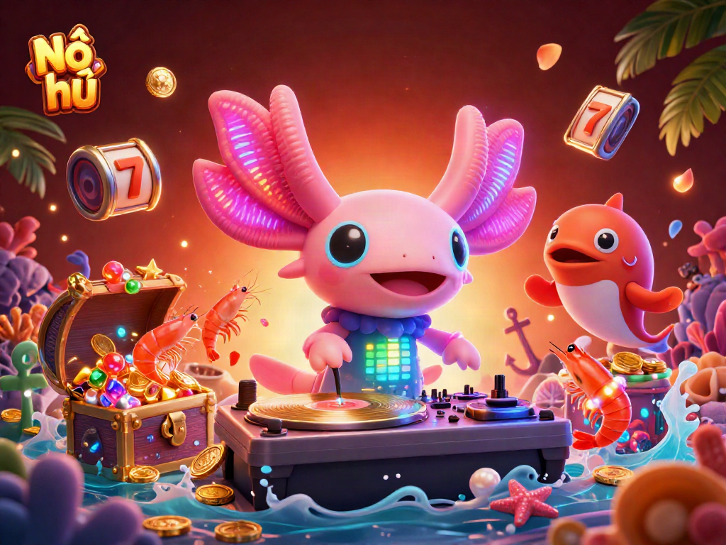 Nổ hũ slots thrill with vibrant underwater scene featuring a DJ axolotl and gold coin treasure.