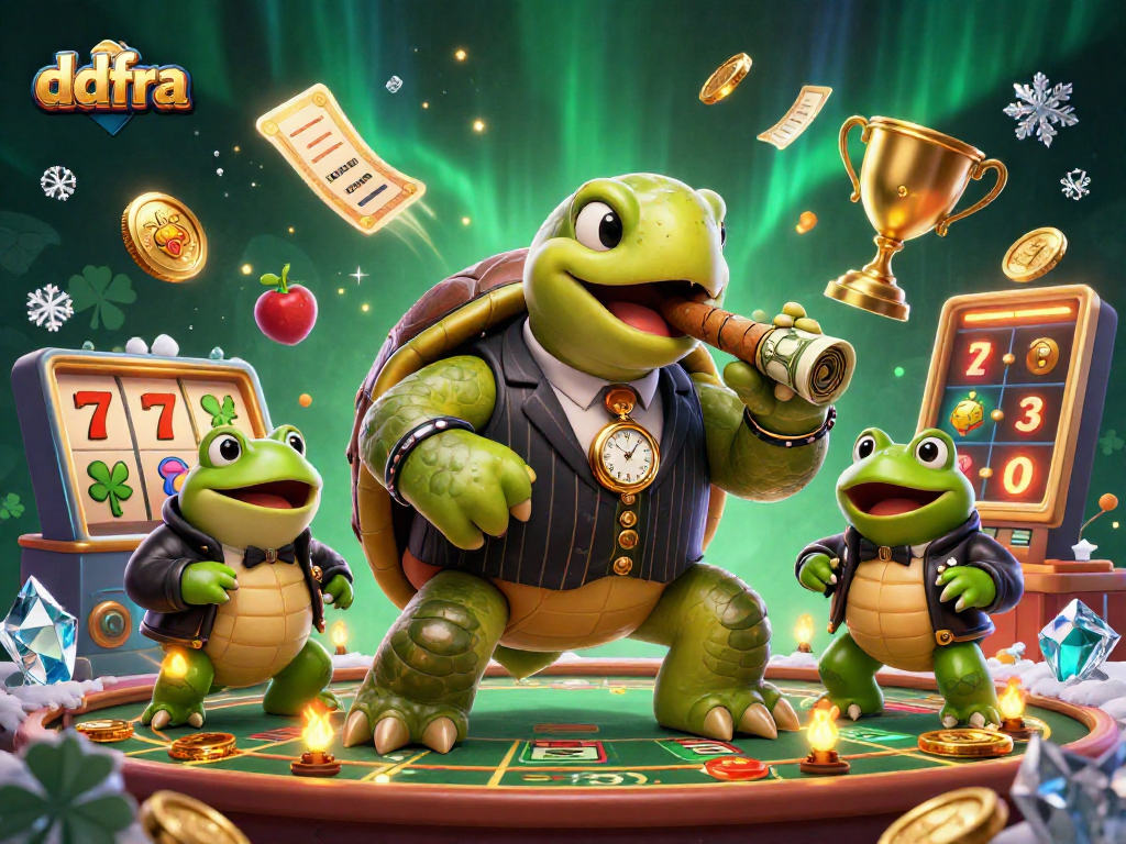 Engaging ddfra scene featuring a snapping turtle in a mobster suit among slot reels and vibrant casino elements.