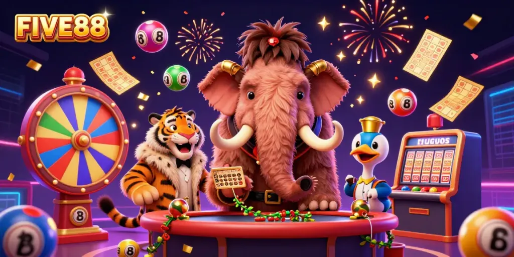 Engage with FIVE88 in a vibrant casino scene with colorful lottery balls and a stunning atmosphere.