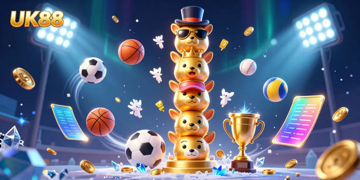 Engaging UK88 casino scene showcasing a dynamic golden totem pole, sports betting elements, and vibrant energy.
