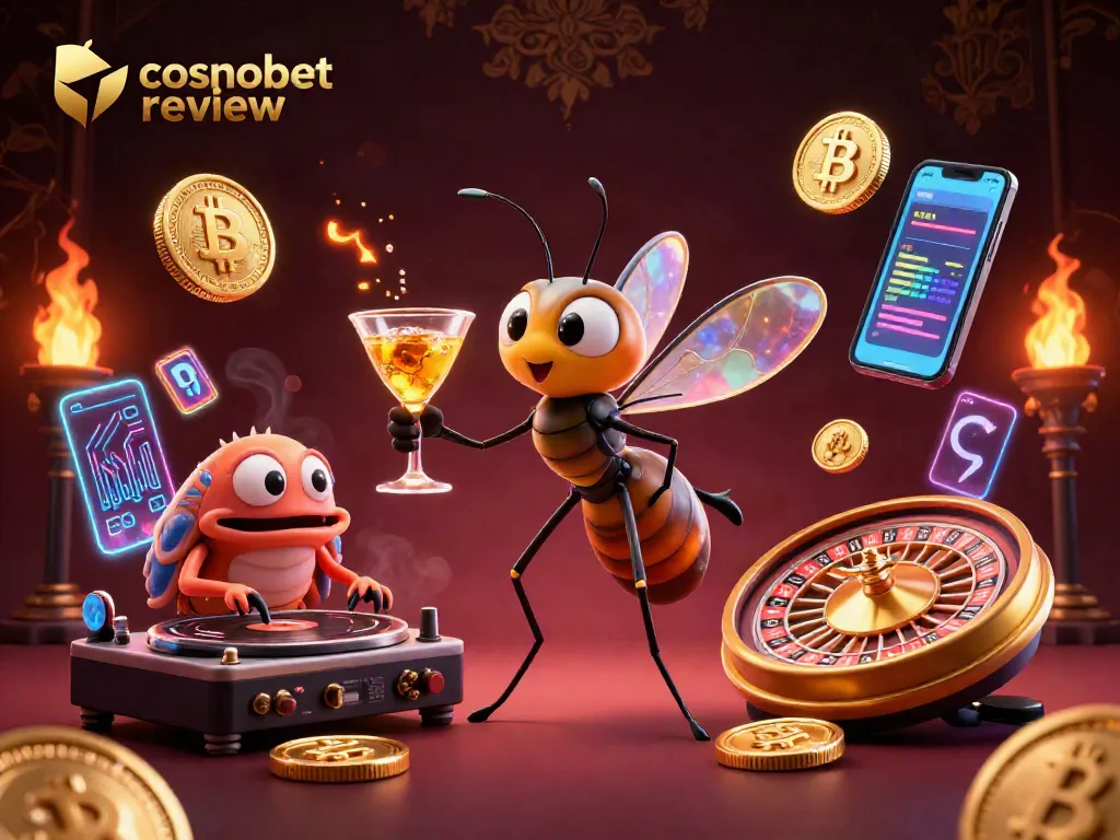 Engage in the thrill of gaming with our Cosmobet review, featuring eclectic casino elements and vibrant crypto visuals.