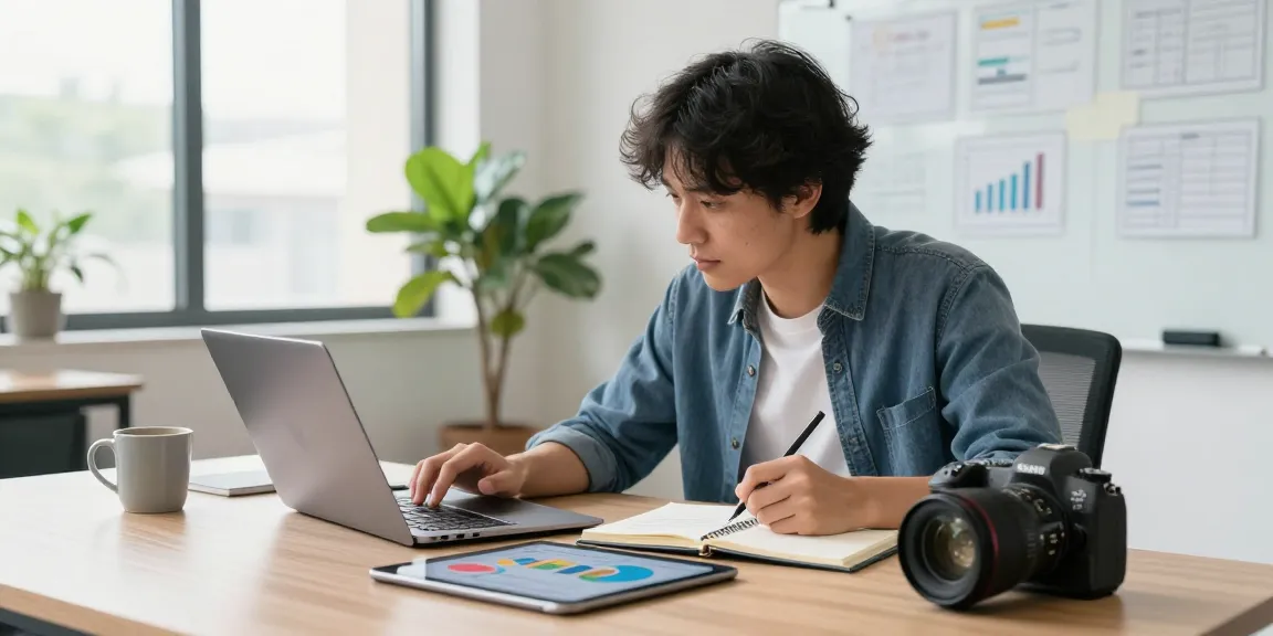 Brasssmile com analysis in a modern office workspace showcasing research and productivity.