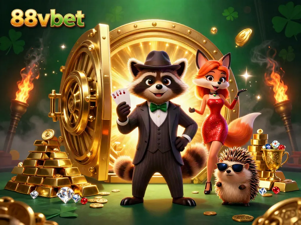 Experience thrilling gameplay at 88vbet with characters surrounded by glowing treasures and casino elements.