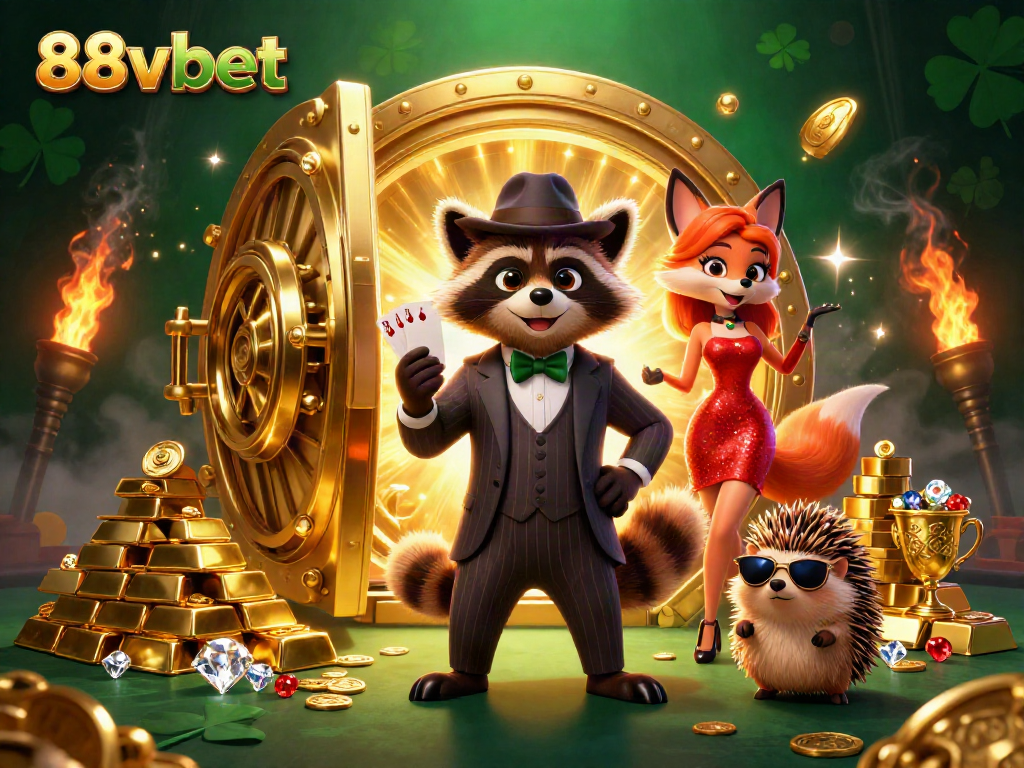Experience thrilling gameplay at 88vbet with characters surrounded by glowing treasures and casino elements.