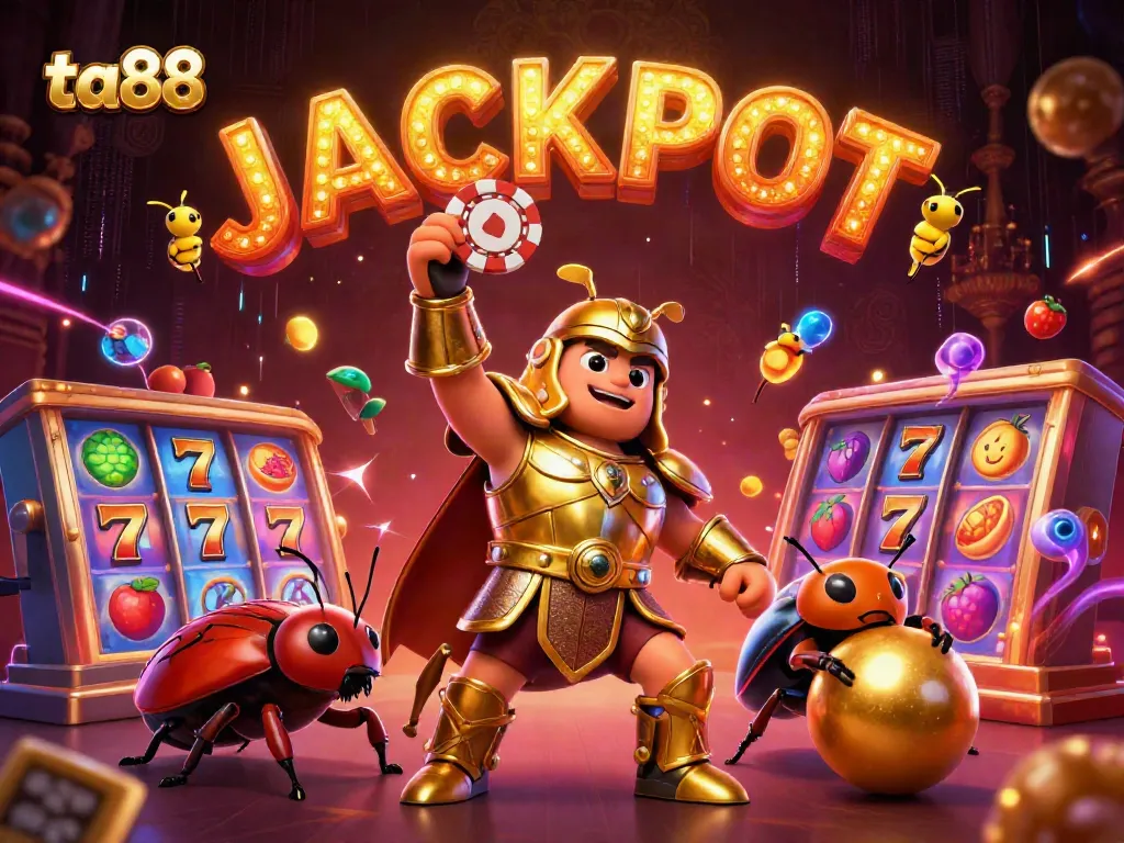 ta88 showcases a dynamic scene with a victorious beetle and vibrant slot elements, highlighting casino excitement.