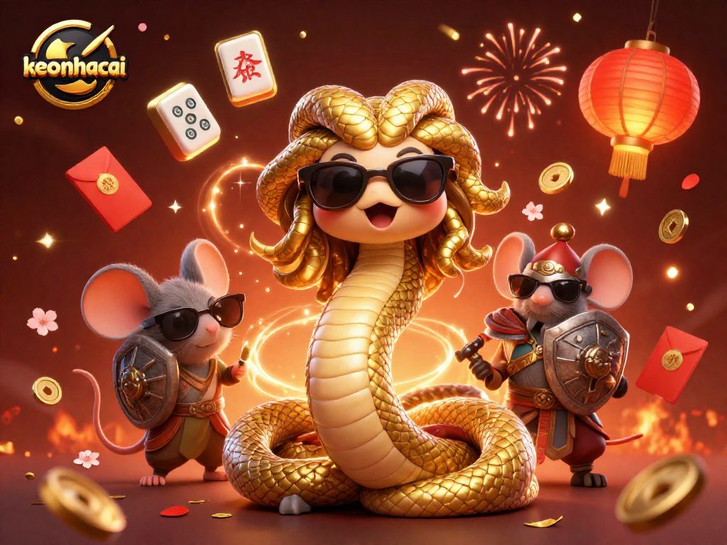 Experience excitement with keonhacai as Medusa and a warrior mouse celebrate amidst floating gaming elements.